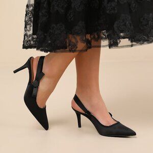 Lulus Ancolie Black Satin Bow Pointed-toe Slingback Pumps - Size 8.5
